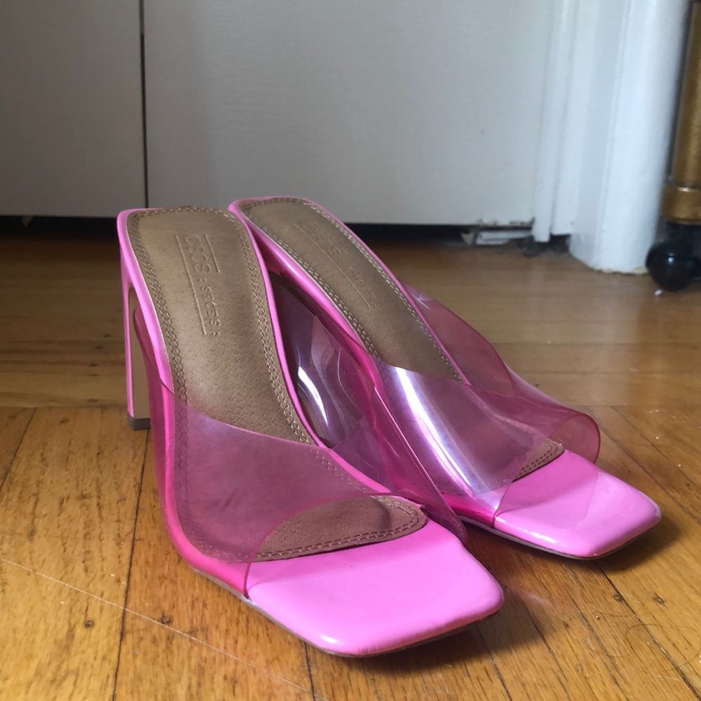 Barbie pink clear heeled sandal square toe mules size 6